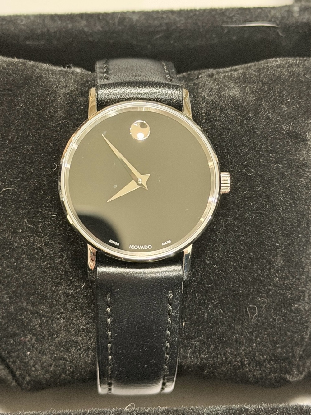 Movado Black Dial with Silver Accents Leather Strap Watch